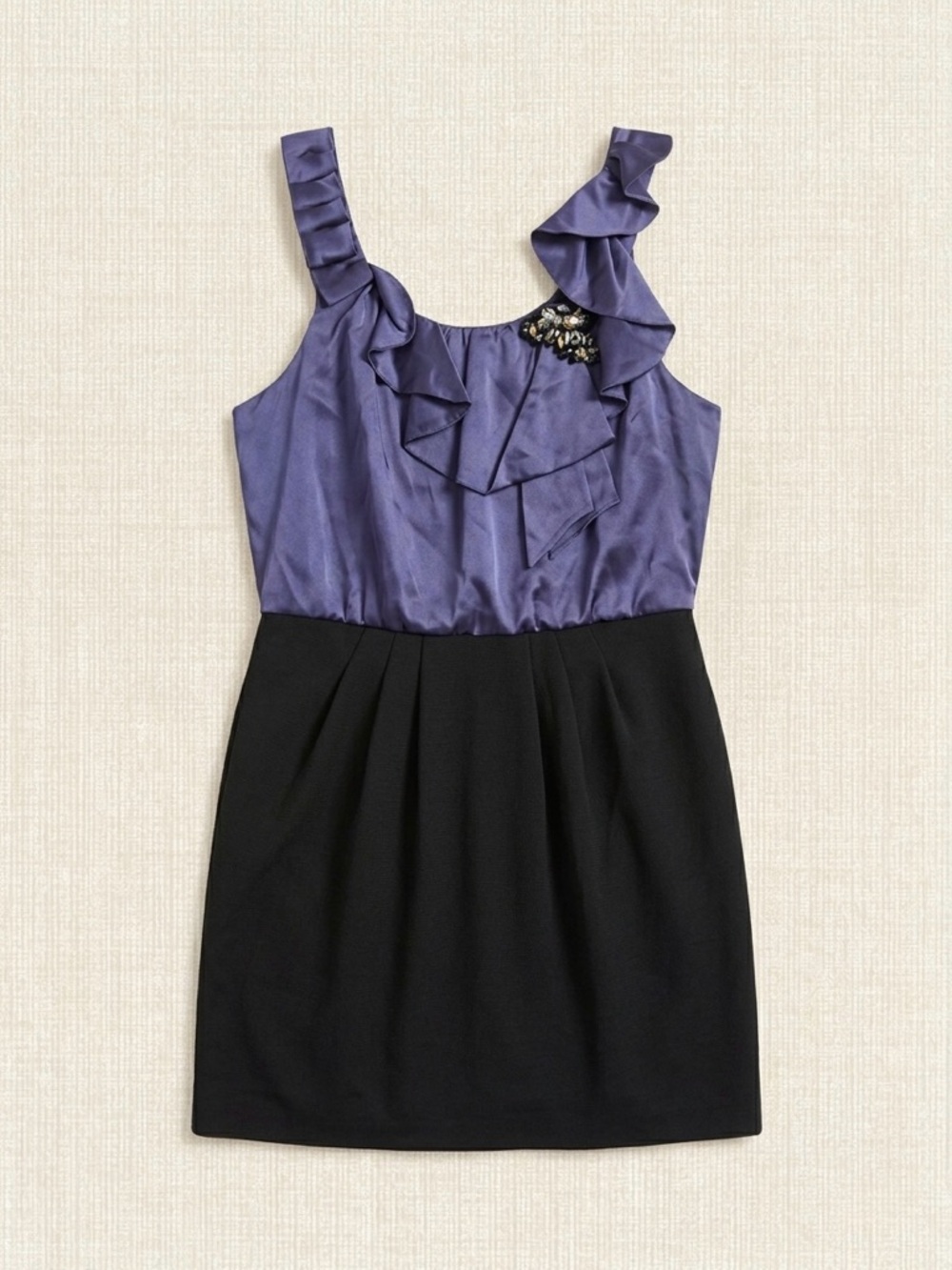 BCBGMaxAzria Purple and Black Ruffled Sleeveless Mini Dress